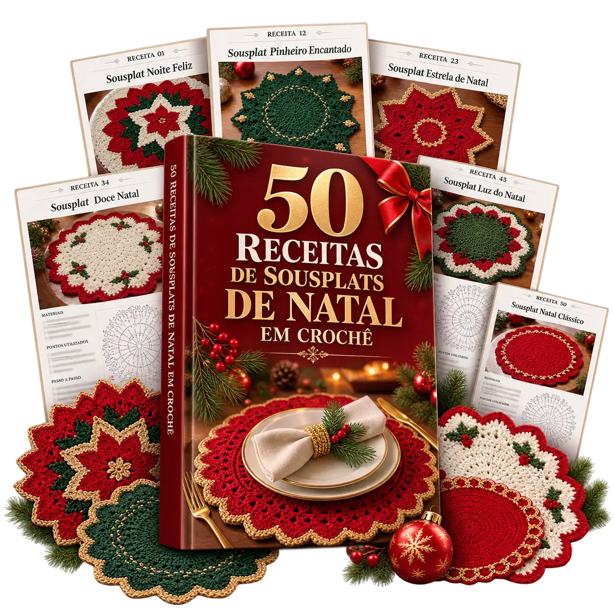 Livro 50 Receitas de Sousplats de Natal em Crochê com receitas abertas