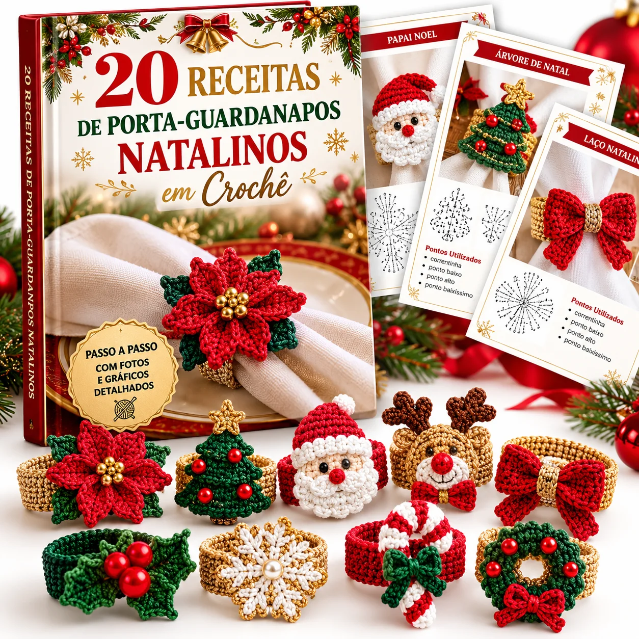 Livro 20 Receitas de Porta-Guardanapos Natalinos em Crochê com modelos expostos
