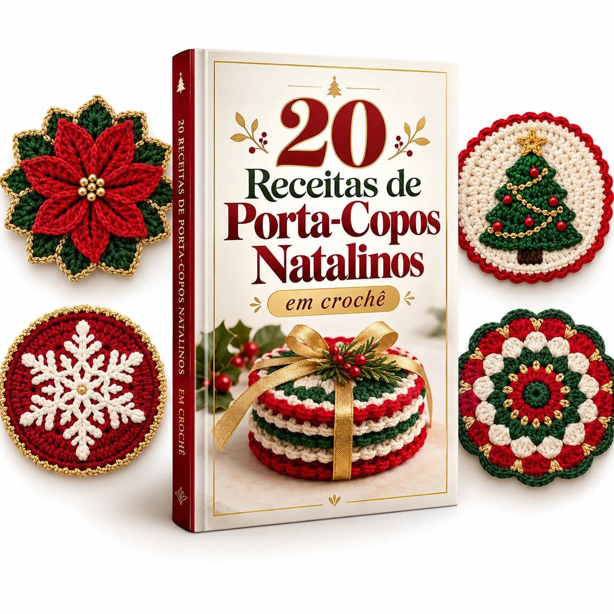 Livro 20 Receitas de Porta-Copos Natalinos em Crochê com porta-copos expostos